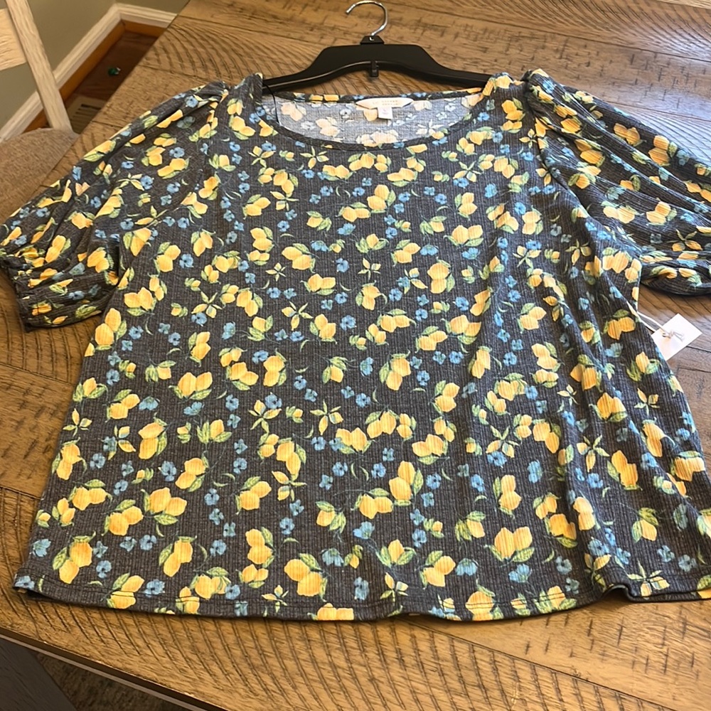 LC Lauren Conrad Gray Blouse with Yellow and Blue Floral Pattern